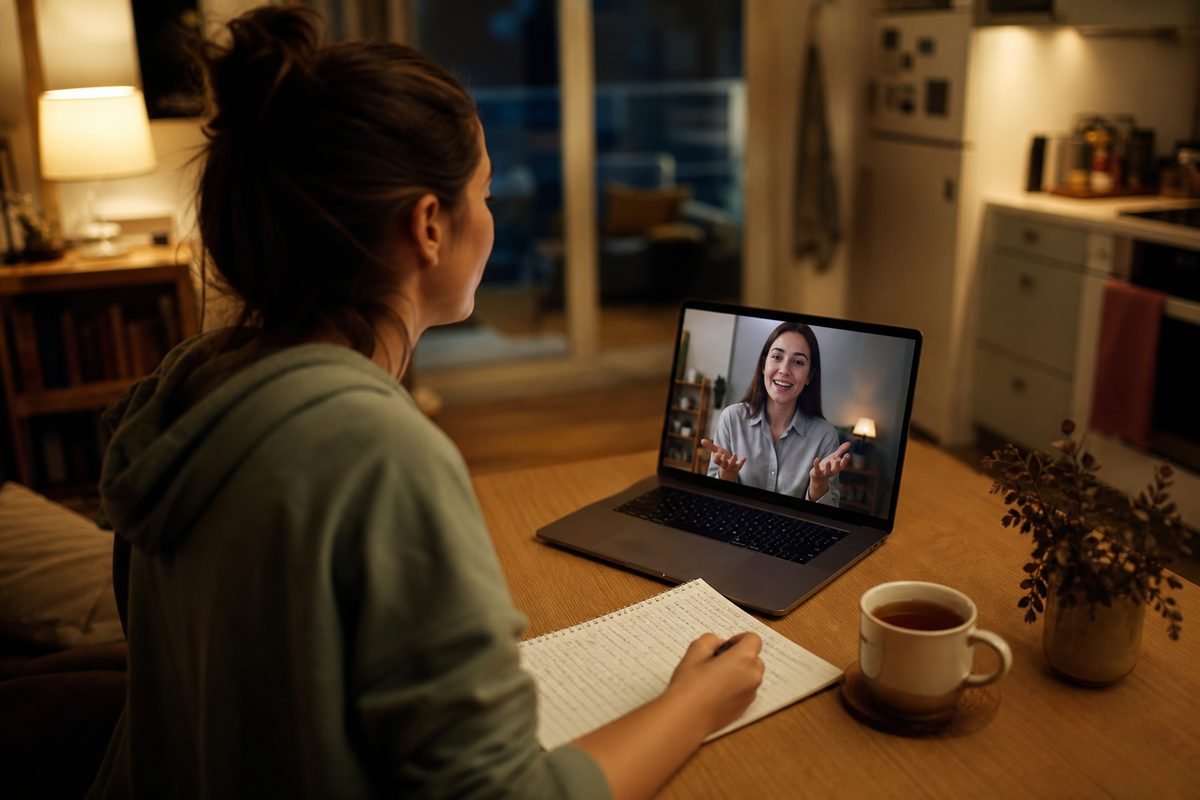 Une personne suit le soir, depuis sa cuisine, un cours de français particulier en visioconférence avec une tutrice
